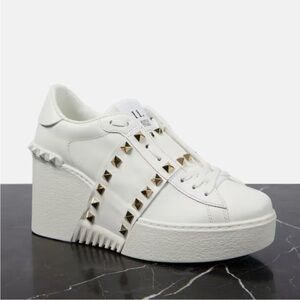 Valentino Garavani White Gold Studded Wedge Sneakers, NWT, 39.5